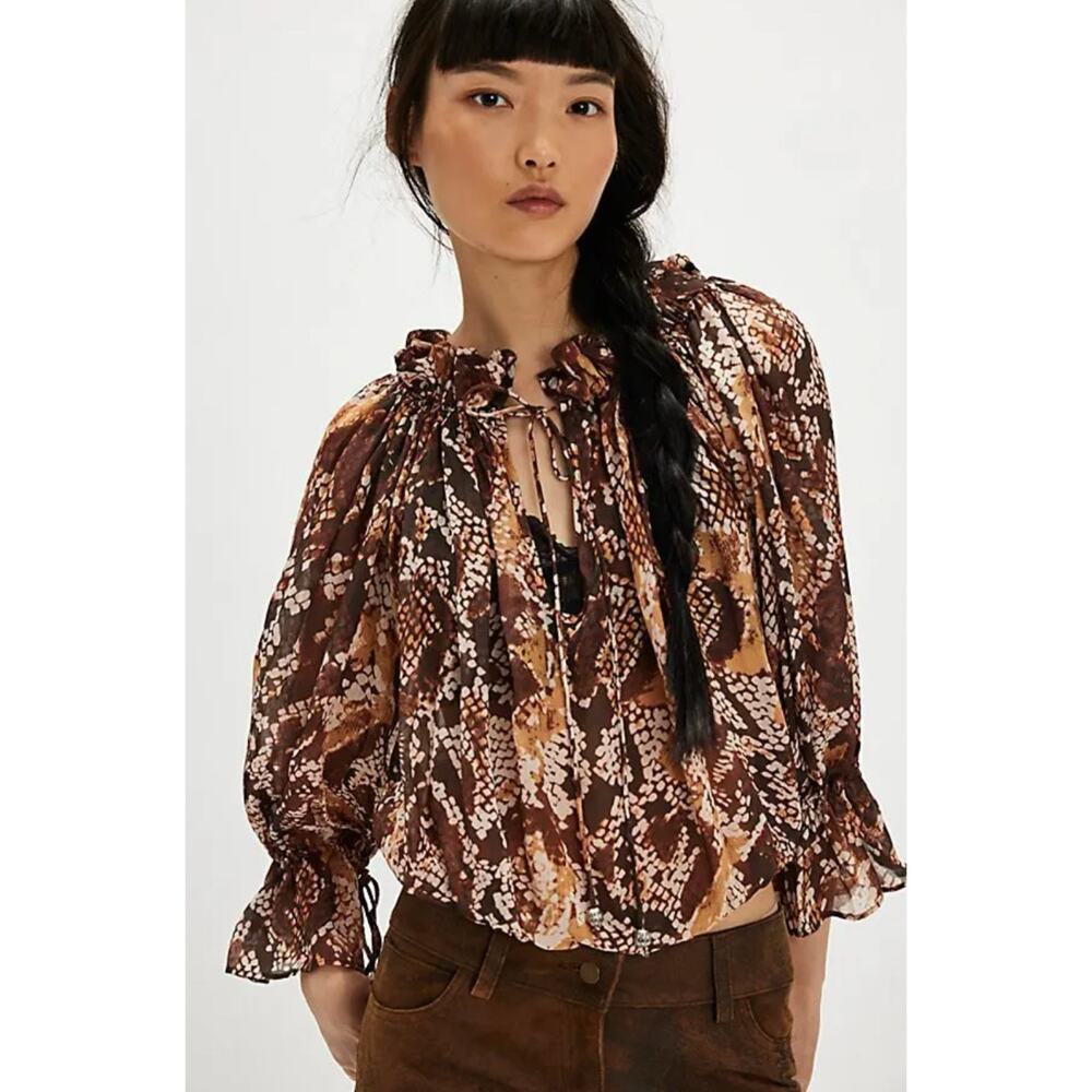 Free People Jens Pirate Booty Tangiers Brown Viper Snake Blouson Top NWT M/L
